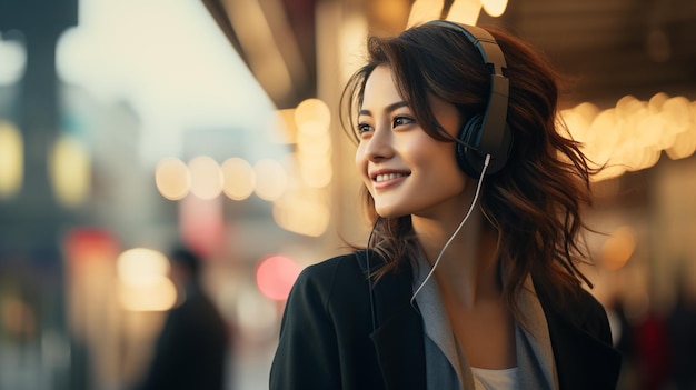 retrato fotográfico de uma jovem com fones de ouvido ouvindo música gerada por IA