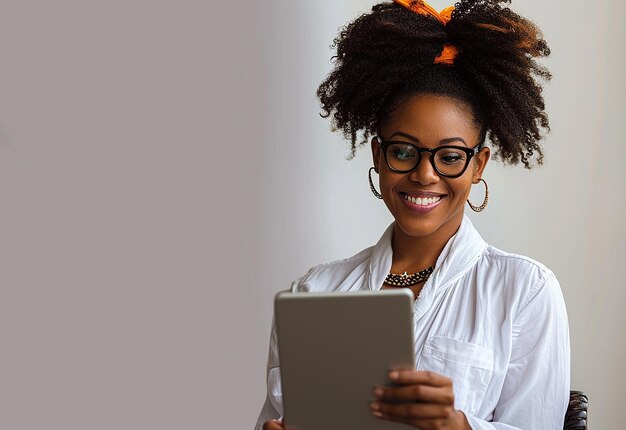 Retrato fotográfico de uma jovem e linda empresária confiante e sorridente com guia