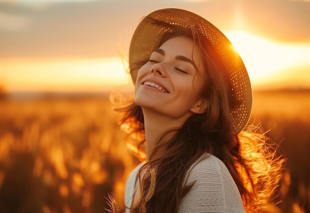 Foto retrato fotográfico de uma jovem mulher bonita e bonita sorrindo na natureza ensolarada