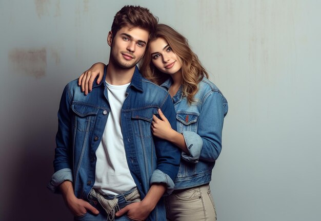 Foto retrato fotográfico de uma linda jovem e menino sorridente com roupas da moda