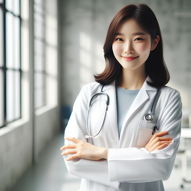 Retrato fotográfico de uma médica coreana cruzando os braços e sorrindo