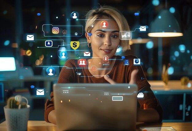 Foto retrato fotográfico de uma mulher de negócios de tecnologia digital usando um computador portátil