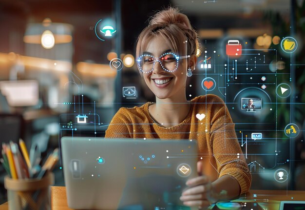 Foto retrato fotográfico de uma mulher de negócios de tecnologia digital usando um computador portátil