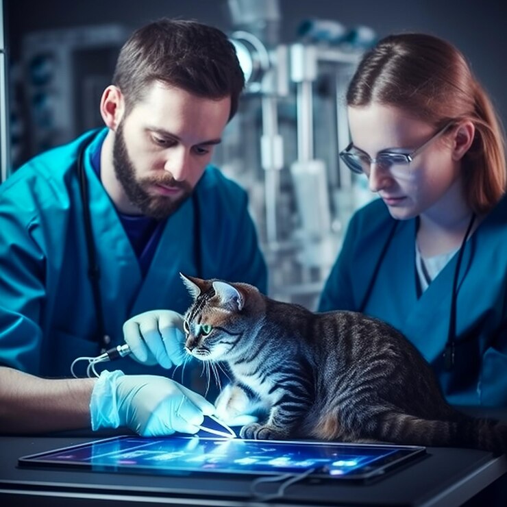 Retrato fotográfico de dos médicos veterinarios que realizan una ecografía