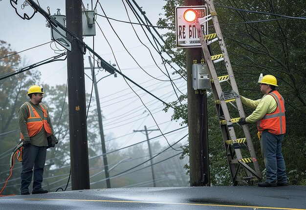 Foto retrato fotográfico de un electricista que se prepara para instalar la conexión a tierra en una línea eléctrica en la ciudad