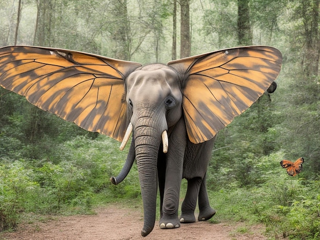 Foto retrato fotográfico de elefante con alas de mariposa en el bosque