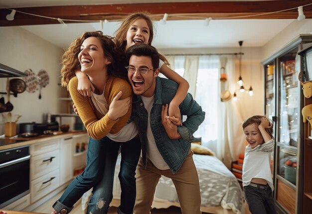 Foto retrato fotográfico de una familia encantadora y linda juntos sonriendo a la cámara