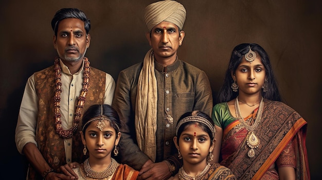 Un retrato fotográfico con una familia india tradicional creada con ai generativo