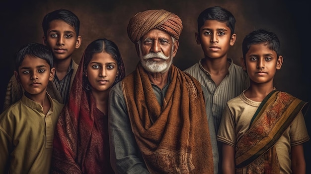 Foto un retrato fotográfico con una familia india tradicional creada con ai generativo