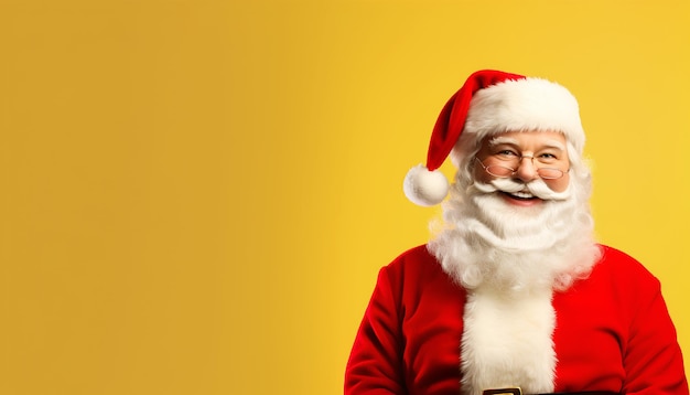 Retrato fotográfico de feliz impresionado sonriente Santa Claus con barba blanca con sombrero o gorra roja y ropa en el fondo de color amarillo pancarta de Navidad con espacio de copia para descuento publicitario