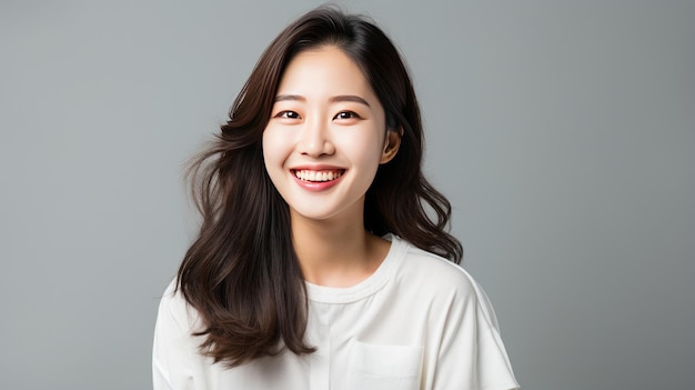 Un retrato fotográfico de una feliz mujer coreana a la luz del estudio