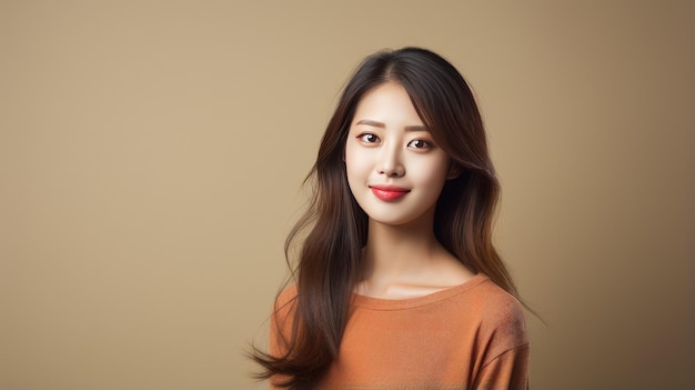 Un retrato fotográfico de una feliz mujer coreana a la luz del estudio