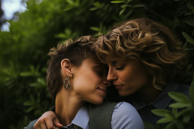 Foto retrato fotográfico gerado por ia de amigos do sexo masculino modelos lgbt casal fotografando juntos na floresta de verão