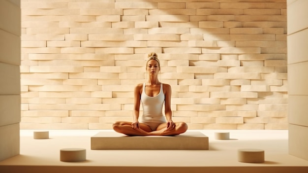 Retrato fotográfico gratuito de uma jovem linda fazendo ioga contra o fundo de uma sala iluminada Imagem gerada por IA