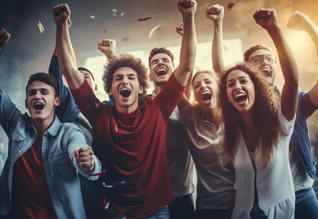 Foto retrato fotográfico de un grupo de amigos gestando el brazo hacia arriba las manos hacia arriba