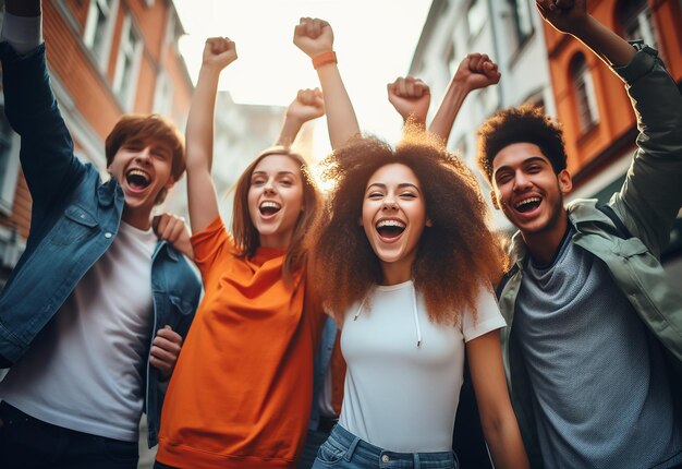 Foto retrato fotográfico de un grupo de amigos gestando el brazo hacia arriba las manos hacia arriba