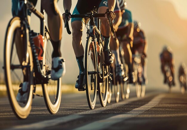 Foto retrato fotográfico de un grupo de ciclistas jóvenes montando una carrera de bicicletas