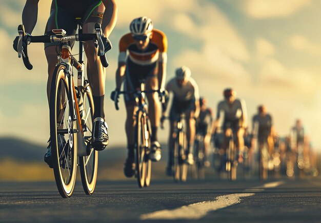 Retrato fotográfico de un grupo de ciclistas jóvenes montando una carrera de bicicletas