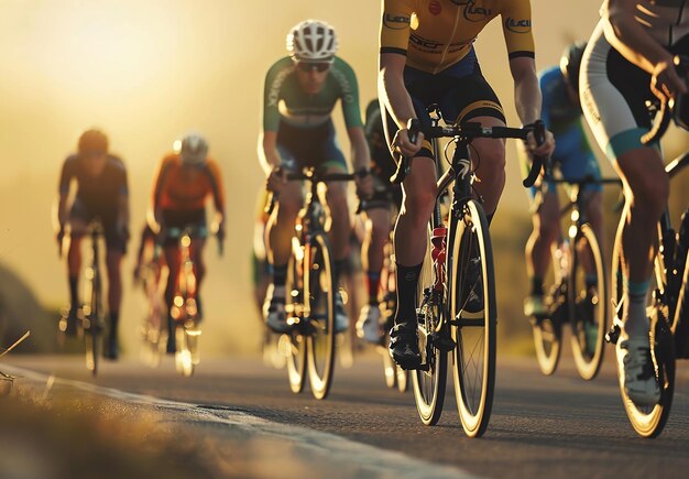 Foto retrato fotográfico de un grupo de ciclistas jóvenes montando una carrera de bicicletas