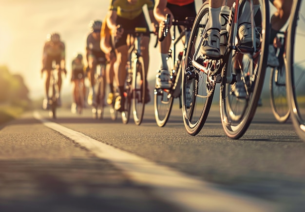 Foto retrato fotográfico de un grupo de ciclistas jóvenes montando una carrera de bicicletas