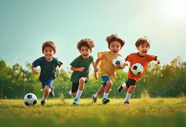 Foto retrato fotográfico de un grupo feliz de niños que se divierten jugando en el patio de recreo del parque de verano