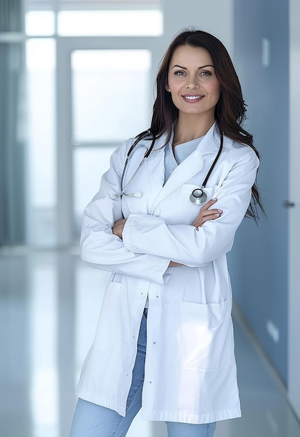 Retrato fotográfico de una hermosa y joven doctora mirando a la cámara