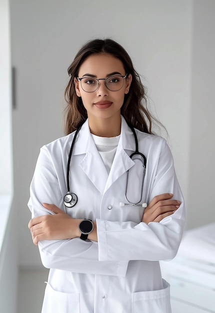 Retrato fotográfico de una hermosa y joven doctora mirando a la cámara