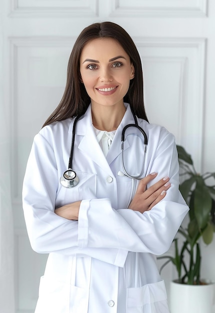 Retrato fotográfico de una hermosa y joven doctora mirando a la cámara