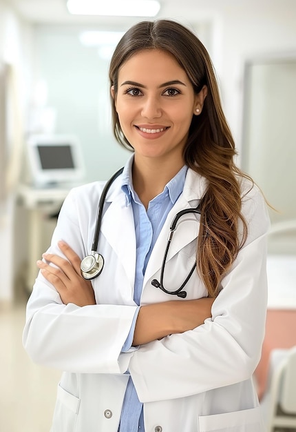 Retrato fotográfico de una hermosa y joven doctora mirando a la cámara