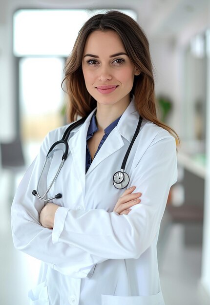 Retrato fotográfico de una hermosa y joven doctora mirando a la cámara