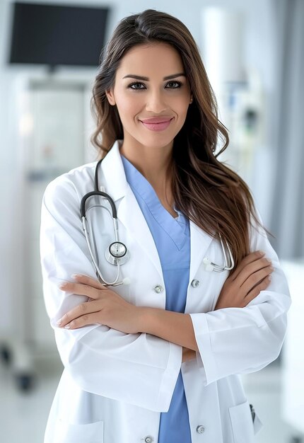 Retrato fotográfico de una hermosa y joven doctora mirando a la cámara