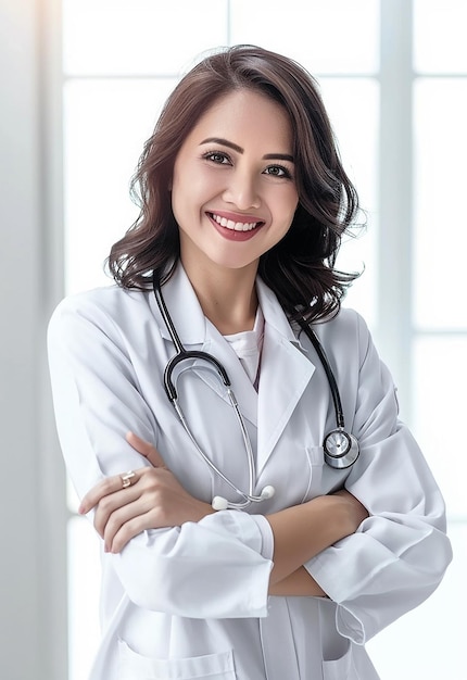 Retrato fotográfico de una hermosa y joven doctora mirando a la cámara