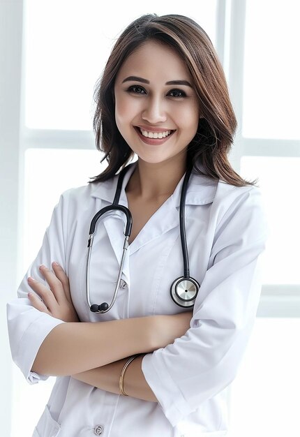 Retrato fotográfico de una hermosa y joven doctora mirando a la cámara