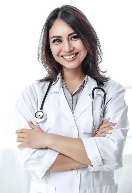 Retrato fotográfico de una hermosa y joven doctora mirando a la cámara