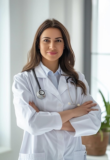 Retrato fotográfico de una hermosa y joven doctora mirando a la cámara