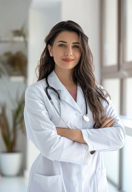 Retrato fotográfico de una hermosa y joven doctora mirando a la cámara