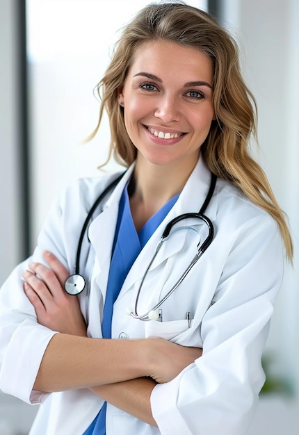 Retrato fotográfico de una hermosa y joven doctora mirando a la cámara