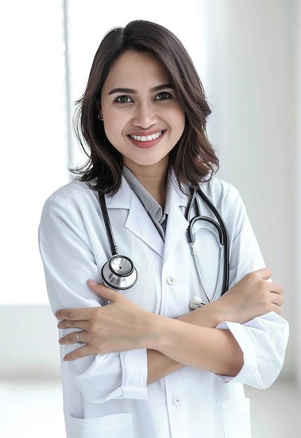 Retrato fotográfico de una hermosa y joven doctora mirando a la cámara