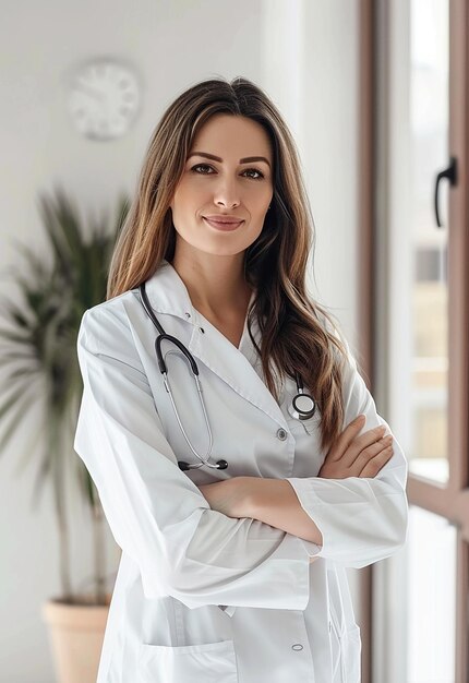 Retrato fotográfico de una hermosa y joven doctora mirando a la cámara