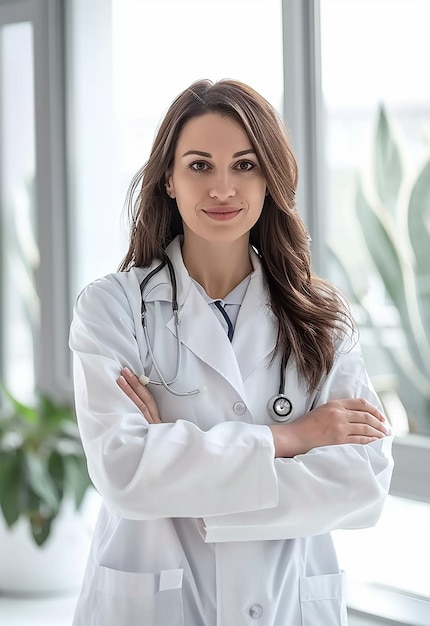 Retrato fotográfico de una hermosa y joven doctora mirando a la cámara