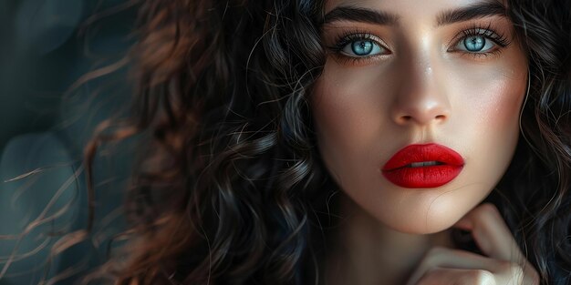 Retrato fotográfico de una hermosa mujer adulta con lápiz labial rojo