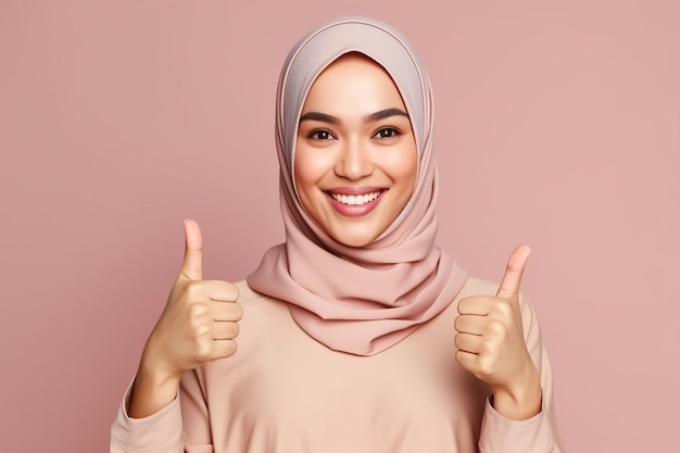 Retrato fotográfico de una hermosa mujer asiática con hiyab dando doble pulgar hacia arriba sobre fondo rosa