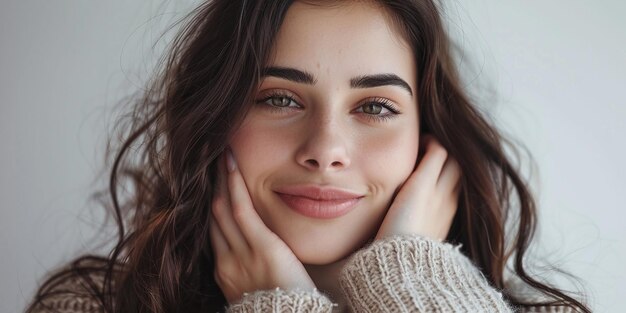 Retrato fotográfico de una hermosa mujer naturalmente morena sonriendo