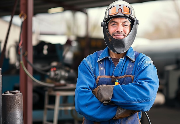 Retrato fotográfico de un hombre trabajando con una antorcha de soldadura