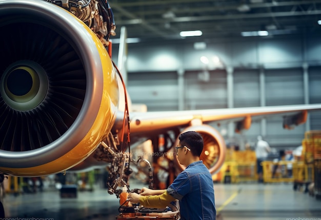 Foto retrato fotográfico de un ingeniero que trabaja en la fabricación y reparación de piezas de aviones