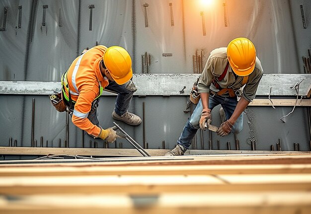 Retrato fotográfico de ingenieros civiles y equipo de trabajadores de la construcción en el fondo de la construcción