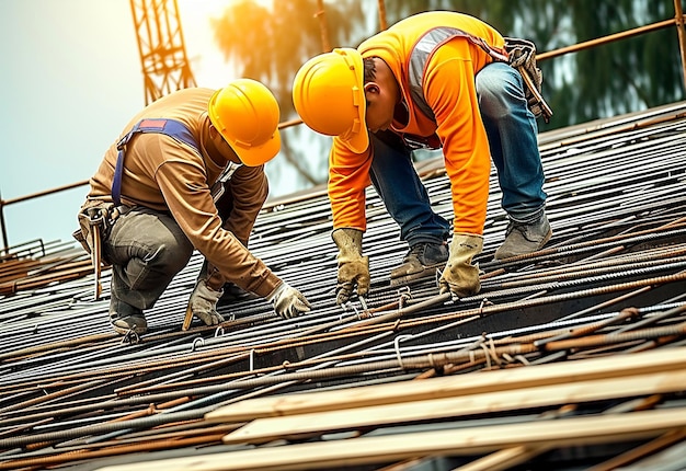 Retrato fotográfico de ingenieros civiles y equipo de trabajadores de la construcción en el fondo de la construcción