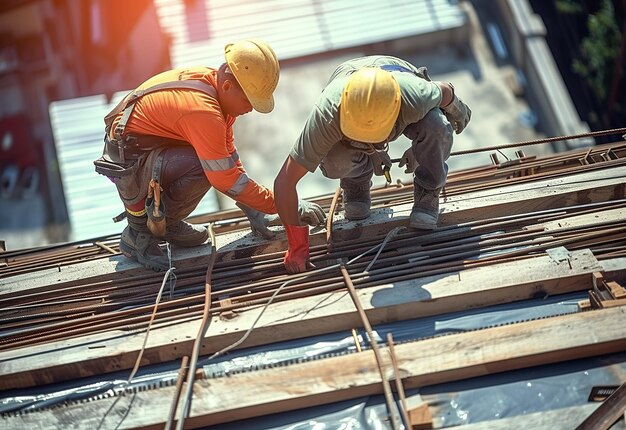 Retrato fotográfico de ingenieros civiles y equipo de trabajadores de la construcción en el fondo de la construcción