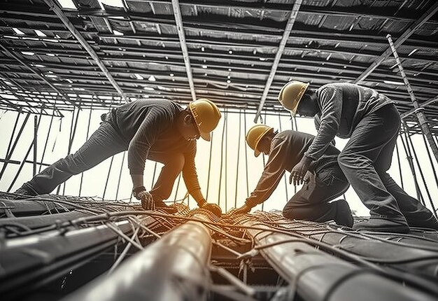 Retrato fotográfico de ingenieros civiles y equipo de trabajadores de la construcción en el fondo de la construcción