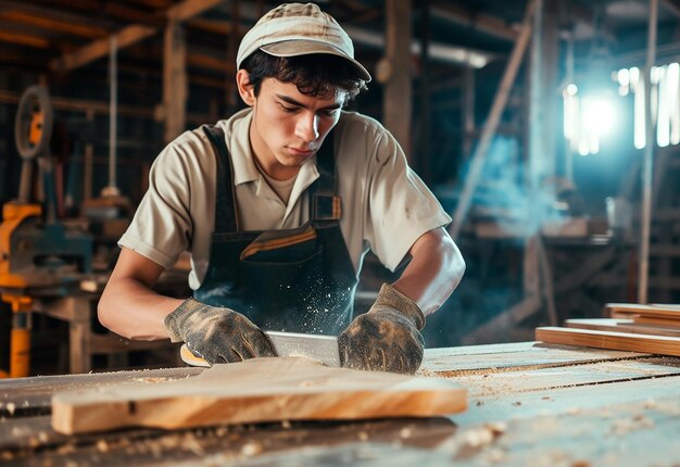 Retrato fotográfico de un joven carpintero feliz mientras trabaja en su tienda
